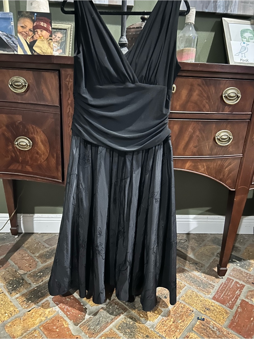 S.L. Fashions Black V-Neck Ruched Waist Evening Dress